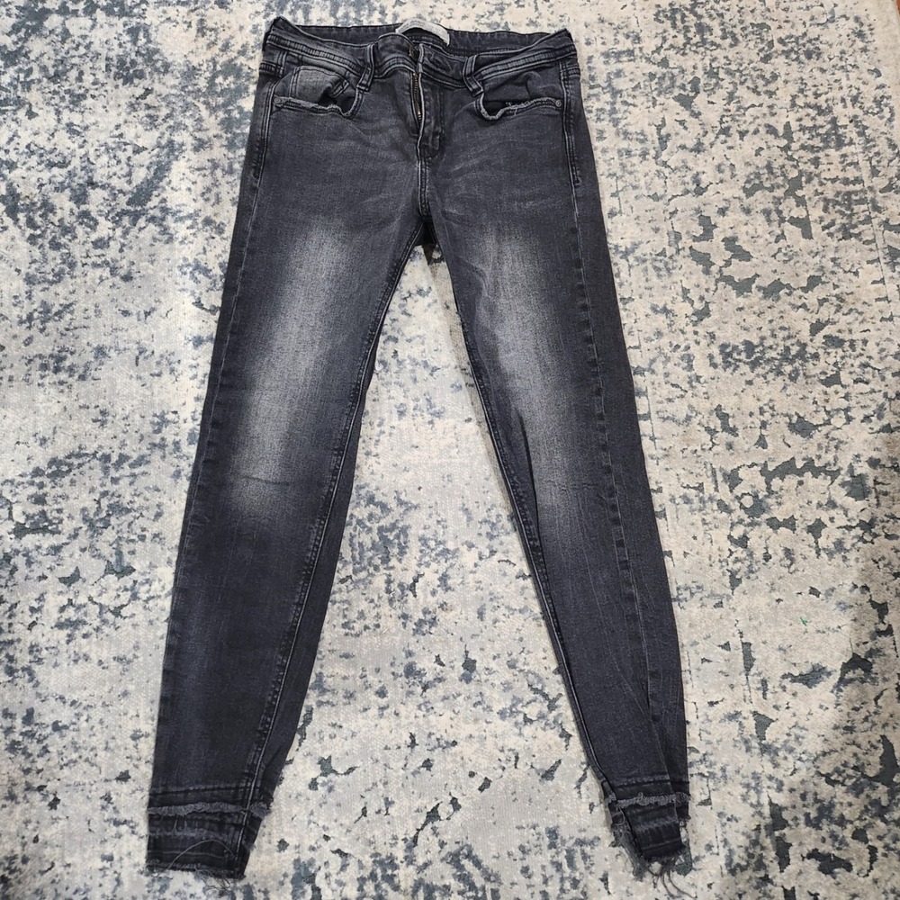 Zara Basic Z1975 Denim Skinny Jeans Faded Black Frayed Hem Size 4 26 Inseam